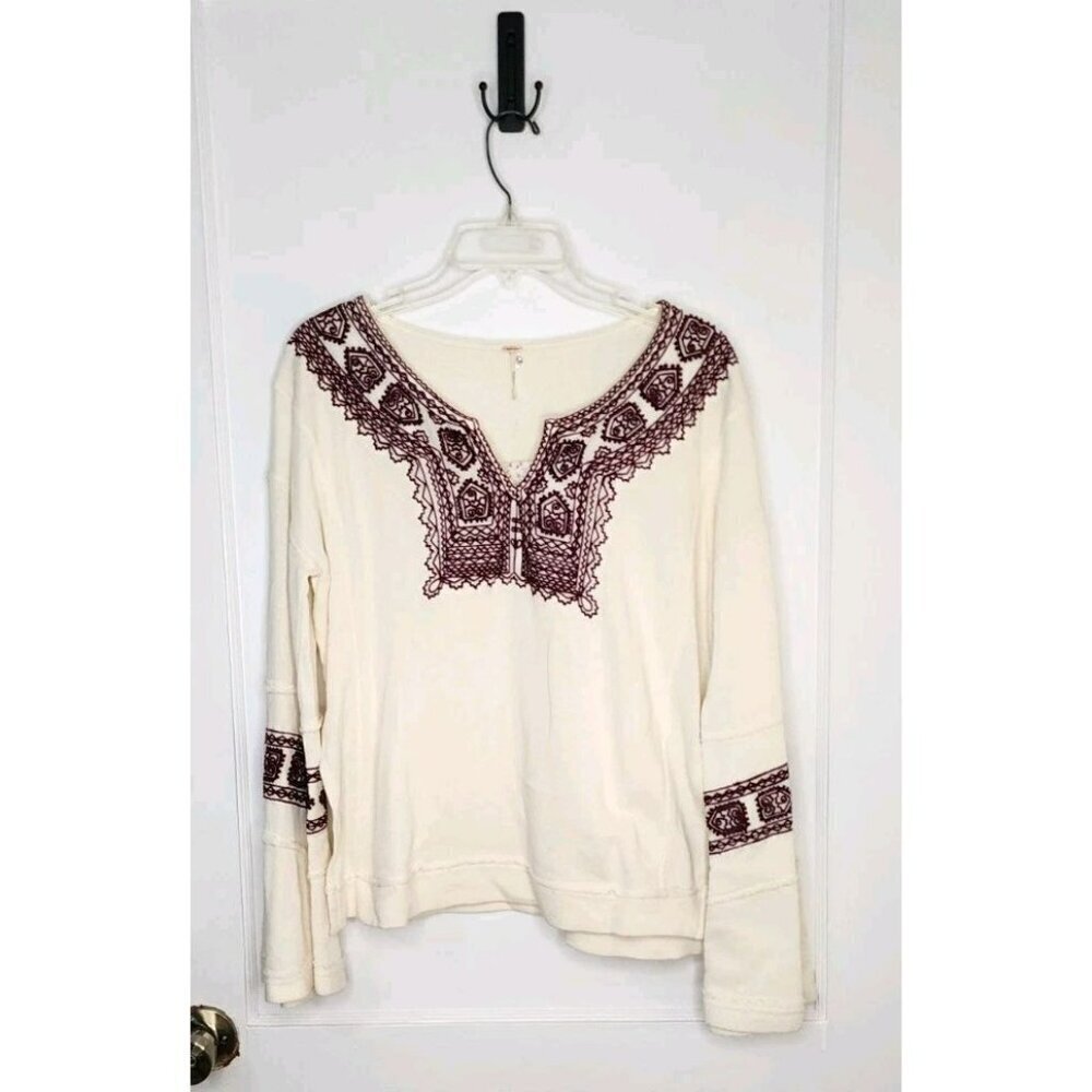Free People Santa Maria Boho Embroidered Peasant French Terry Top Size Small NWT